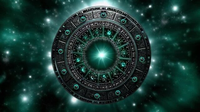Witness a captivating display of a zodiac wheel featuring intricate celestial symbols in vibrant shades. This mystical design highlights astrology's wonders and cosmic connections
