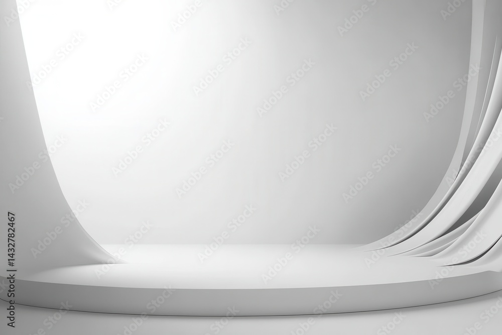 Poster A minimalistic white studio with smooth architectural features and a circular stage bathed in soft light. Ideal for product presentation.