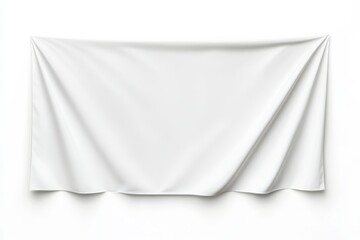 Fototapeta premium Clean white banner unfurled, softly draped against a stark white wall, minimalist elegance in presentation. Ideal for promotional display or background.