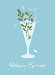 Abstract spring flowers in champagne, wine drinking glass. Spring flower drink. Element for design of poster, social media, banners, invitation. Trendy spring card template.