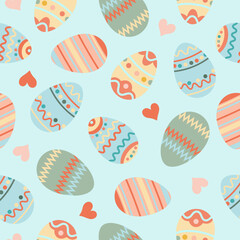 Happy easter. Seamless pattern with easter eggs, hearts on blue background.
