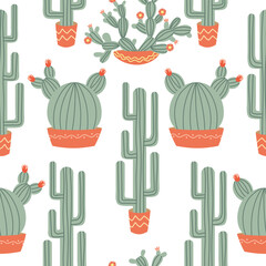 Seamless pattern with cactus in a pot, flowers. Colorful design for fabric, gift paper, posters.