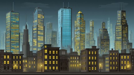 A stylized city skyline at night, showcasing towering skyscrapers and illuminated buildings against a dark backdrop.