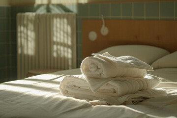 Fresh white towels neatly folded on a sunlit bed in a cozy hotel or spa room, evoking comfort, cleanliness, and hospitality.