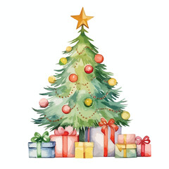 Christmas tree with gifts underneath cute watercolors illustration on white background