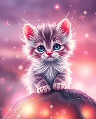 Magical kitten glowing with lilac light, soft and dreamy.