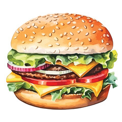 close up of a hamburger with caramelize cute watercolors illustration on white background