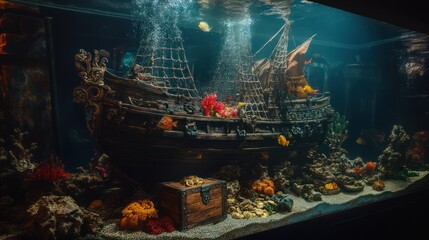 Shipwreck underwater in aquarium; bubbles rising, colorful coral, and treasure chest