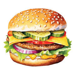close up of a hamburger with caramelize cute watercolors illustration on white background