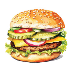 close up of a hamburger with caramelize cute watercolors illustration on white background