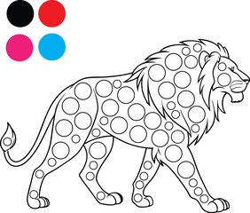 
The image shows a black and white line drawing of a lion