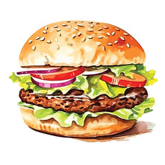 close up of a hamburger with caramelize cute watercolors illustration on white background