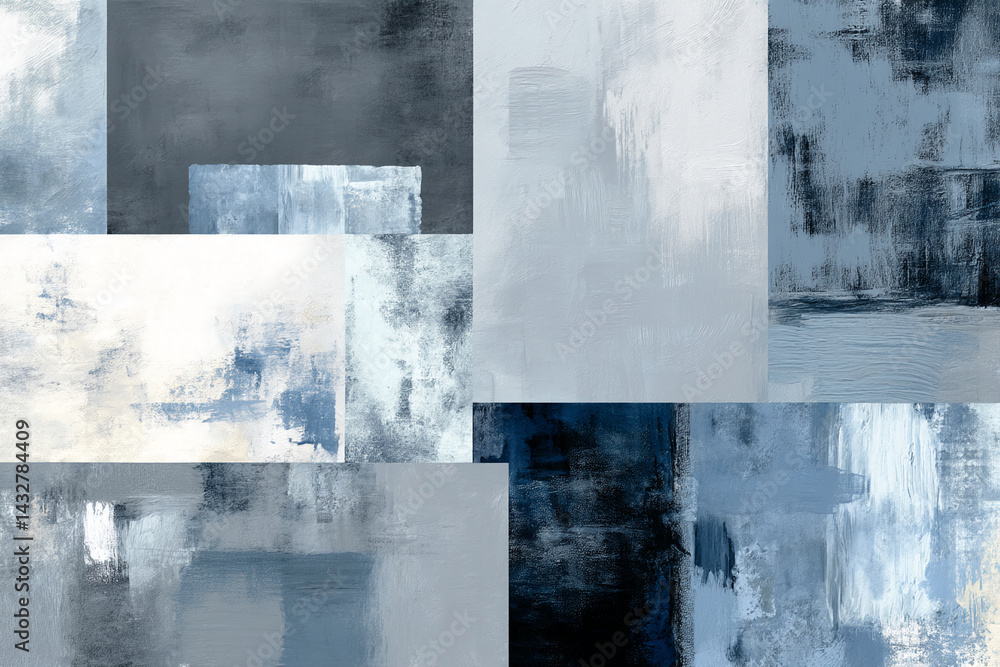 Poster abstract painting with gray and blue hues, showcasing textured brushstrokes in geometric shapes, cre