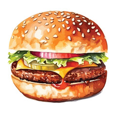 close up of a hamburger with caramelize cute watercolors illustration on white background