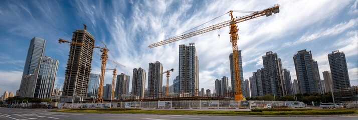 Urban construction site with towering cranes and skyscrapers under development