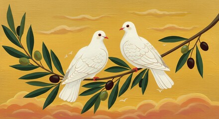 Two white doves on olive branch peaceful image