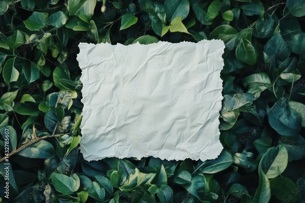 Poster white crumpled paper atop lush, green foliage, creating a captivating contrast and highlighting the 