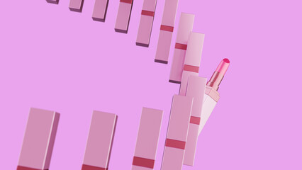 A lipstick with an open cap protruding between the products arranged in a circle along the line.