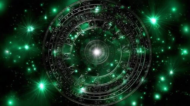 Discover the enchanting zodiac wheel filled with colorful celestial symbols, surrounded by a captivating green cosmic environment