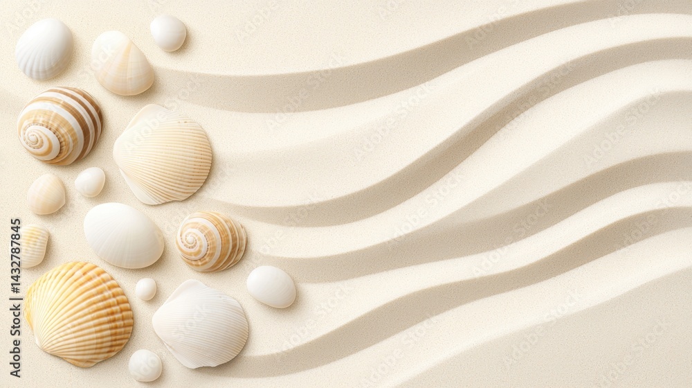 Poster a collection of seashells arranged in a wavy pattern on a sandy beach.