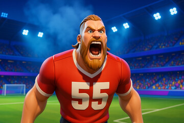 Animated football player shouting in large stadium scene background