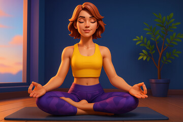 Animated woman practicing meditation indoors during a serene sunset.