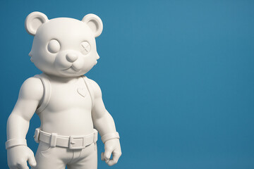 Sculpted bear figure wearing a harness on blue background