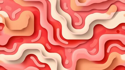 A vibrant abstract pattern of overlapping curved shapes in shades of pink, orange, and white.