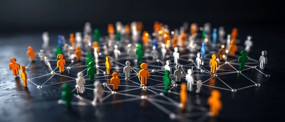 People figurines connected by lines on dark surface showing networking and connections