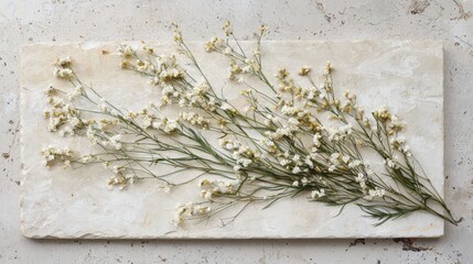 White flowers on a beige stone background.