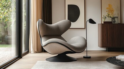 Modern armchair and floor lamp in minimalist interior space, showcasing functional and stylish design.  