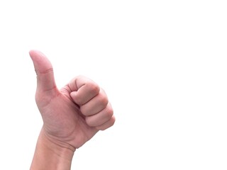 Hand of man showing thumb-up gesture on white background. Like gesture 