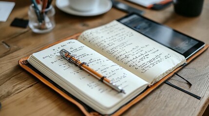 Closeup of pen on papers in office basket neutral colors calm workspace