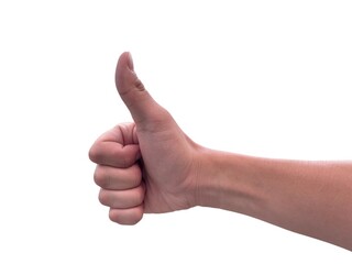 Hand of man showing thumb-up gesture on white background. Like gesture 