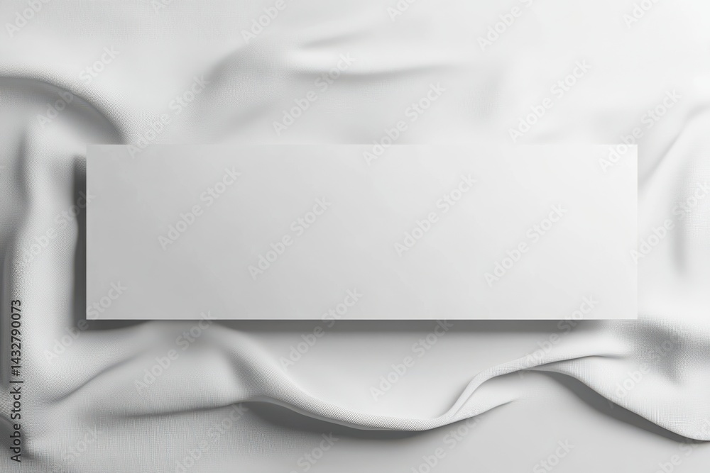 Poster minimalist blank card on soft white draped fabric, ideal for invitations, announcements, and product