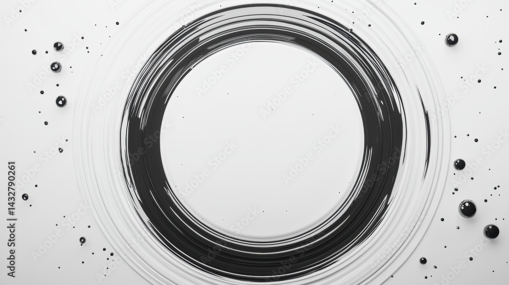 Poster a black and white abstract design featuring a large circle with concentric black lines and smaller b