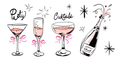 Drinks, Champagne, Celebration, Lines art, Outlines, Invitation Cards new year celebration event  drink summer holiday on a transparent background