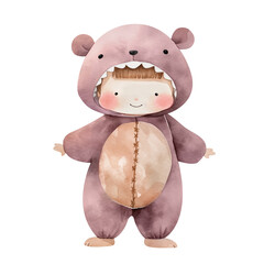 Naklejka premium Happy little child in bear costume, cute watercolor illustration. Character in simple standing pose. Isolated clipart with clear even edge on transparent background