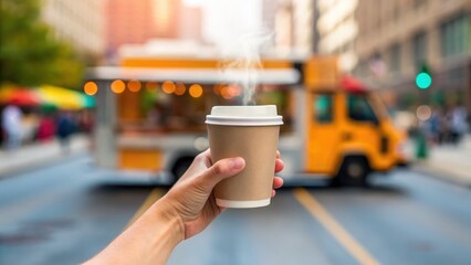 A hand holds a steaming coffee cup on a city street, with a food truck and blurred colorful backgrounds creating a vibrant urban scene.