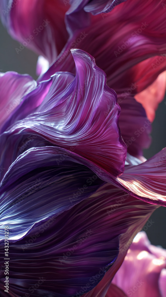 Poster Abstract image of purple and pink flowing fabric, creating a dynamic and elegant visual. Symbolizes movement, fluidity, and luxury