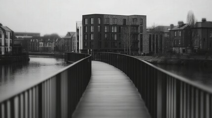 Elegant Urban Architecture on Riverbank Path in Black and White