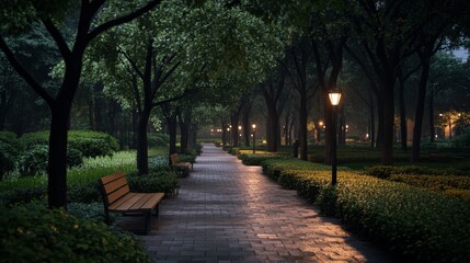 Obraz premium Tranquil Nighttime Park Pathway Surrounded by Lush Green Trees