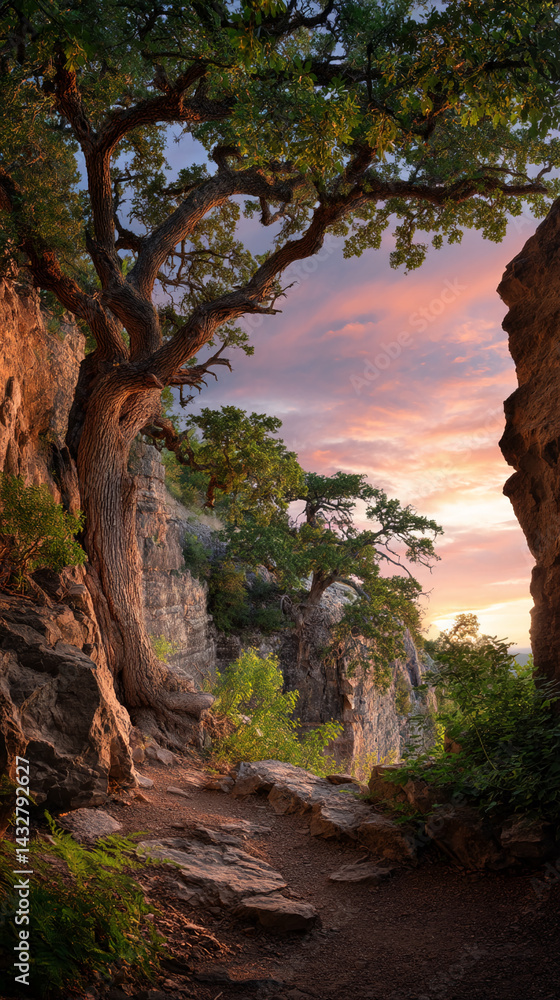 Aufkleber sunset view through rocky alcove, showcasing large tree's branches arching over path, symbolizing na