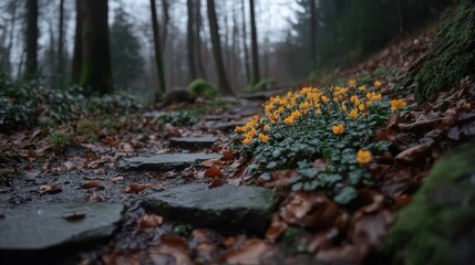 Bright Yellow Flowers Blooming Along a Stone Path in a Dense Forest