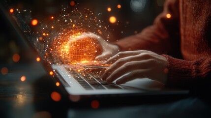 Woman coding, glowing sphere, laptop, night, cafe, tech