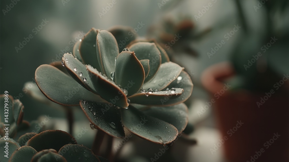Poster close up of a succulent plant with water droplets on its leaves in a soft light and muted color pale