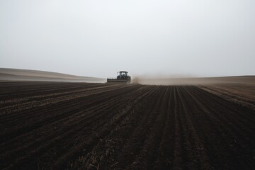 Naklejka premium Agricultural machinery tractor plows field land