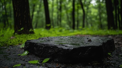Dark Stone on Wet Ground Surrounded by Green Foliage in Forest Scene