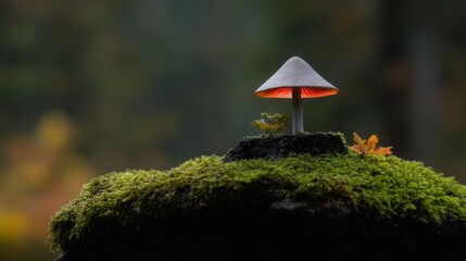 Glowing Mushroom Surrounded by Green Moss in a Mystical Forest Setting