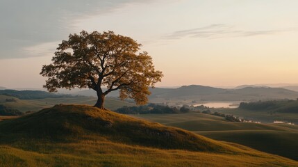 Majestic solitary tree overlooking serene landscape during golden hour